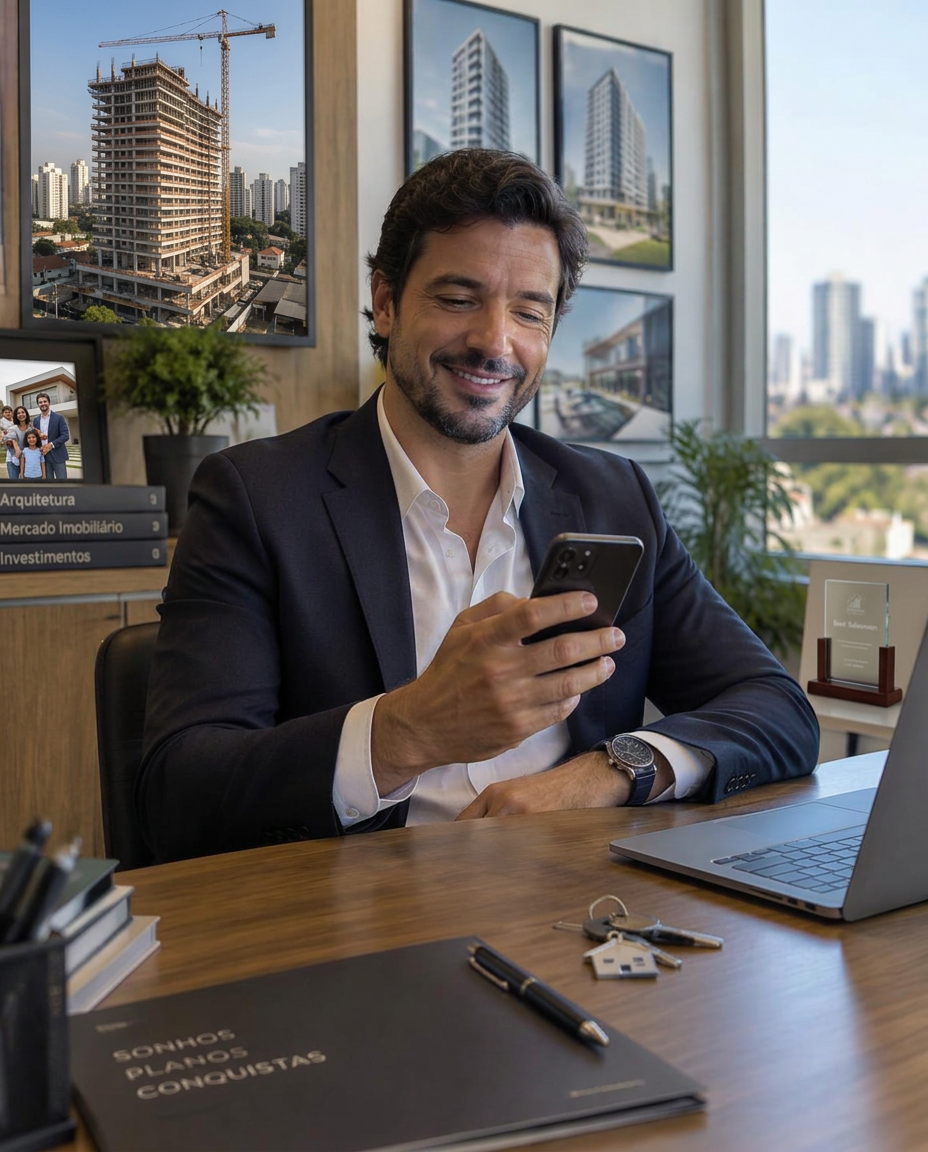 Corretor de imóveis sorrindo em seu escritório